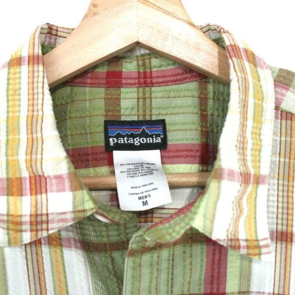Patagonia Mens Medium Organic Cotton Green Short Sleeve Button Up Plaid Shirt - Picture 3 of 4